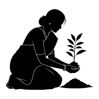 Geleneksel bir elbise giymiş, diz çökmüş siyah bir kadın silueti. Ellerinde toprak olan küçük bir tohumu tutuyor, ekmeye hazırlanıyor. Yanında bir yığın toprak var. Görüntü, beyaz bir arka gruba karşı temiz bir siluet.