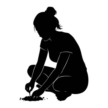Çömelmiş ve toprak yığınına tohum eken bir kadının siyah silueti. Saçları topuz şeklinde geri çekiliyor ve tişört giyiyor. Elleri dikkatlice karanlık toprağa küçük nesneler yerleştiriyor. Arka plan düz beyaz, EMP