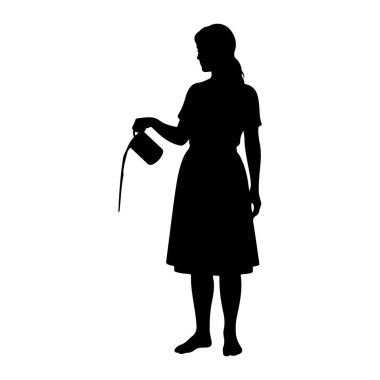 Siyah siluet bir kadın yüzü sola dönük duruyor, küçük bir sürahi tutuyor ve içinden sıvı dökülüyor. O diz boyu bir elbise giyiyor ve yalınayak. Arkaplan düz beyaz.