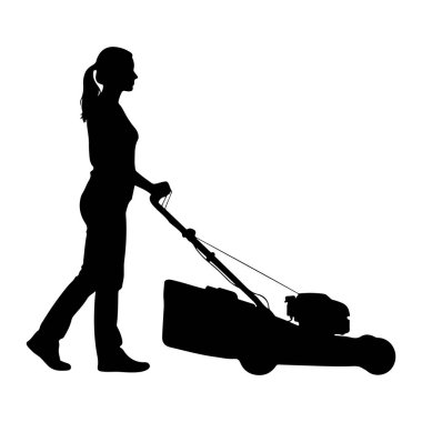 Pantolon giymiş, at kuyruklu, siyah saçlı bir kadın silueti çim biçme makinesini itiyor. Çim biçme makinesinin sapı, çim biçme makinesi ve tekerlekleri var. Resim beyaz bir arkaplanda izole edilmiştir.