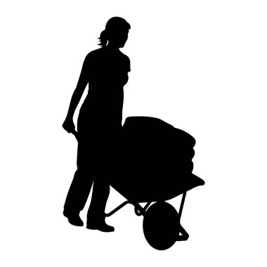 Malzemelerle dolu bir el arabasını iten bir kadının siyah silueti. Kadın yandan tasvir ediliyor, saçları arkadan bağlanmış, pantolon ve gömlek giyiyor. El arabasının kulplarını tutuyor. Önünde tek bir tekerlek var.