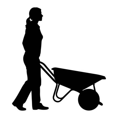 Yandan el arabası iten at kuyruklu siyah bir kadın silueti gösteriliyor. O, uzun pantolon ve uzun kollu bir gömlek giyiyor. El arabasının tek tekerleği ve iki kolu var. Görüntü beyaz bir sırtgeçitte izole edilmiş.