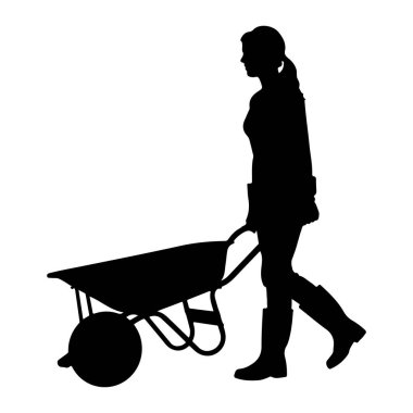 Siyah bir siluet, yürüyen ve el arabası iten bir kadın. Çizme giyiyor ve saçları at kuyruğu gibi. El arabasının önünde tek bir tekerleği ve arkasında da iki tutacağı var. Resim beyaz bir arkaplanda izole edilmiştir.