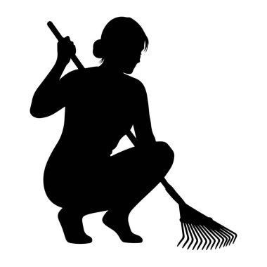 Yan taraftan siyah siluet bir kadın görünüyor, çömelmiş tırmık gibi. Saçları topuz şeklinde çekilmiş bir tırmık tutuyor. Arkaplan beyaz.