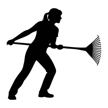 Yandan siyah siluet bir kadın tasvir edilir, geniş bir yelpaze yelpazesi olan bir tırmık tutar. Profilde gösteriliyor, saçları at kuyruğu şeklinde, tişört ve pantolon giyiyor. Vücudu sanki aktif olarak tırmıklıyormuş gibi açılı. İmaj