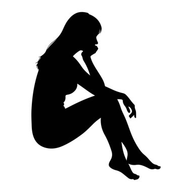 Bacak bacak üstüne atmış, eli çenesinde dinlenen, düşünceli ya da düşünceli bir ruh halinde bir kadının siyah silueti. Şekil, düz beyaz bir arkaplanda izole edilmiştir..