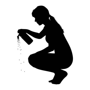 Çömelmiş ve şişeden sıvı püskürten siyah bir kadın silueti. Şişeden düşen sıvı damlaları görülüyor. Resim beyaz bir arkaplanda izole edilmiştir.