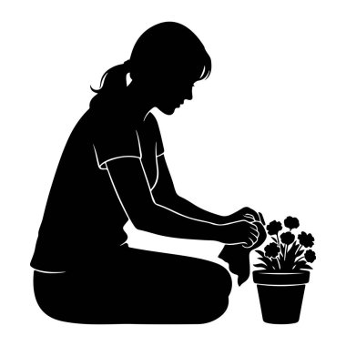 Diz çöküp saksıda çiçek açan bir kadının siyah silueti. Elinde bir bez tutuyor, yaprakları ya da yaprakları siliyor gibi görünüyor. Arka plan beyaz, basit ve temiz çizgileri vurguluyor. 