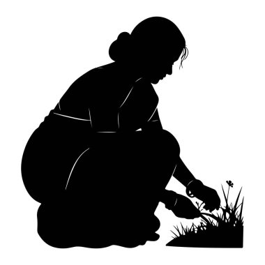 Siyah bir kadın silueti, çömelmiş bir şekilde tasvir edilir, küçük bir çimen parçası ve birkaç narin çiçekle ilgilenir. Saçları topuz şeklinde ve bitkilerle nazikçe etkileşime girmiş gibi görünüyor. Görüntü temiz, sanatsal.