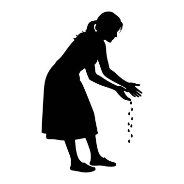Elleri açık bir şekilde eğilen siyah bir kadın silueti, birkaç su damlasının düşmesine izin veriyor. Kadın elbise ve ayakkabı giyiyor. Arkaplan beyaz.
