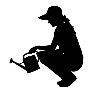 Geniş kenarlı bir şapka takan ve çömelmiş bir kadının siyah silueti. Elinde uzun bir ağız ve kabzası olan bir su kovası tutuyor. Çerçeveden bir şeyi suyla dolduruyormuş gibi görünüyor. Görüntü, beyaz bir arkaplan karşısında basit ve temiz bir resimdir..