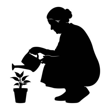 Küçük bir saksı bitkisini sulamak için çömelmiş siyah bir kadın silueti. Elinde bir su kovası ve bitkiye doğru eğilmiş bir hortum var. Bitkinin birkaç yeşil yaprağı ve bir sapı vardır. Arkaplan beyaz.