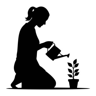 Küçük bir saksı bitkisine diz çöküp sulayan siyah bir kadın silueti. Bitkinin birkaç yaprağı var ve bir tencerede. Arkaplan beyaz.