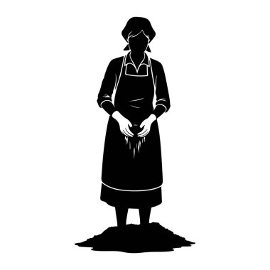 Siyah bir kadın silueti toprak yığınının üzerinde duruyor. Önlük ve eldiven takıyor ve elinde küçük bir toprak yığını tutuyor. Resim beyaz bir arkaplanda izole edilmiştir.