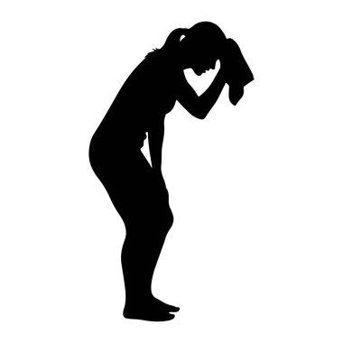 Yandan siyah bir kadın silueti tasvir edilir. Başını eğmiş, alnına bir bez tutarak terini sildiğini ima ediyor. Vücut duruşu yorgunluk ya da yorgunluk belirtisi. Siluet bir W karşısında izole edilir.