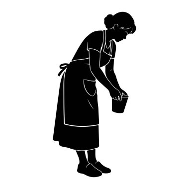 Önlük ve elbise giyen, eğilip elinde kova tutan bir kadının siyah silueti. Saçları topuz şeklinde. Resim beyaz bir arkaplanda izole edilmiştir.