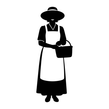 Uzun bir elbisenin üzerine geniş kenarlı şapka ve önlük takan bir kadının siyah silueti. Sağ elinde bir sepet tutuyor. Şekil beyaz bir arkaplanda duruyor..