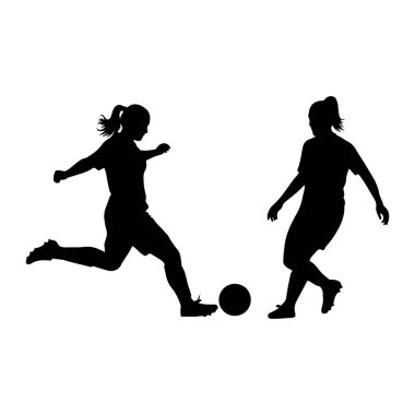 Futbol oynayan iki siyah kadın silueti beyaz bir arkaplanda tasvir ediliyor. Bir kadın futbol topunu tekmeliyor, bacağı ileri doğru uzanıyor. Diğer kadın yakınlarda bir yerde, oyuna dahil olmuş gibi görünüyor. İkisi de incir