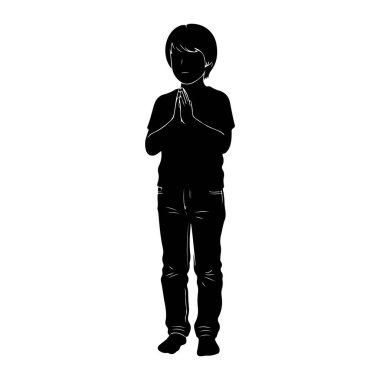 Siyah bir çocuk silueti elleri göğsünün önünde sanki dua ediyormuş gibi birbirine kenetlenmiş duruyor. O bir tişört ve kot pantolon giyiyor. Şekil beyaz bir arkaplanda izole edilmiştir..