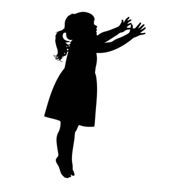 Bir şeye uzanıyormuş gibi, kolları açık ve elleri açık genç bir kızın siyah silueti. Profilde tasvir ediliyor, saçları at kuyruğu içinde ve elbise giyiyor. Vücudu sanki zıplıyor ya da hareket ediyor gibi açılı. Geri kafalı.