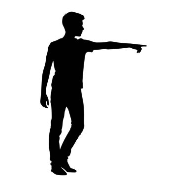 Profilde genç bir adamın siyah silueti tasvir edilir, sağ kolunu öne doğru uzatır ve durur. O, bir tişört ve kot da dahil olmak üzere günlük kıyafetler giyiyor. Şekil, düz beyaz bir arkaplanda izole edilmiştir..