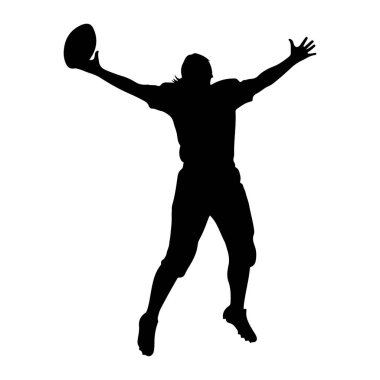 Amerikalı bir futbolcunun siyah bir silueti kollarını açmış kutlama pozunda havada tasvir edilir. Oyuncu sol elinde bir futbol topu tutuyor. Siluet beyaz bir arkaplanda izole edilmiş, dinamik hareketi gösteriyor.