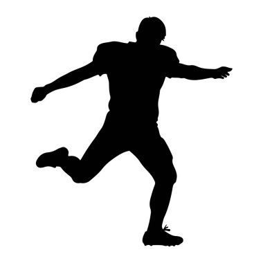 Bir Amerikan futbolcusunun hareket halindeki siyah silueti, tekmenin ortasında yakalandı. Oyuncu denge için kollarını ve bacaklarını dinamik bir tekme pozisyonunda açmış bir kask ve üniforma giyiyor. Görüntü çok net, figürleri bir plakaya göre izole edilmiş.