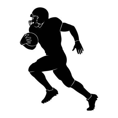 Bir kask da dahil olmak üzere üniformalı bir Amerikan futbolcusunun siyah silueti, top ile koşan bir şekilde orta adımda resmedilmiştir. Oyuncunun vücudu öne doğru açılıdır, hareket ve hız hissi verir. Beyaz arkaplan inciri ayırır