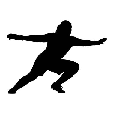 Bir siyah siluet dinamik bir duruş içinde bir atlet, kolları dışa doğru uzanmış ve bir bacağı öne eğilmiş. Şekil, bir eylemin ortasında gibi görünüyor, muhtemelen bir şeye uzanıyor ya da bir hareket sürecinde. Siluet bir şeye karşı izole edilmiş.