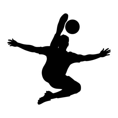 Havadaki bir atletin silüeti, dinamik bir pozda yakalanmış. Sporcu kolları açık ve bir bacağı bükük bir şekilde atlıyor, kafalarının üzerinde duran topu ya vuruyor ya da yakalıyor gibi görünüyor. Şekil, düz beyaz bir çuvala karşı tasvir edilmiş.