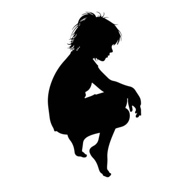 Beyaz arka planda çömelmiş genç bir kızın siyah silueti. Profilde sağa bakıyor, başı eğik ve kolları dizlerinin üzerinde dinleniyor. Saçları at kuyruğu şeklinde geri çekiliyor. Ayakları çıplak..