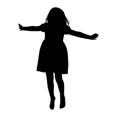 Genç bir kızın siyah silueti, kolları açık beyaz bir arkaplanda duruyor. O bir elbise giyiyor ve hareket halinde gibi görünüyor, muhtemelen zıplıyor ya da dans ediyor. Siluet bir özgürlük ve neşe hissi yakalıyor..