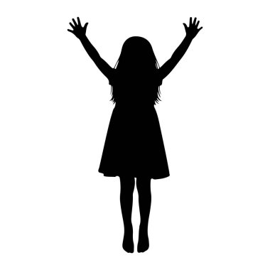 Kollarını başının üstüne kaldırmış genç bir kızın siyah silueti. O bir elbise giyiyor ve uzun saçları var. Silüet beyaz bir arkaplanda, çocuğun duruşunu ve şeklini vurguluyor..
