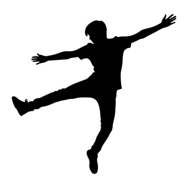 Havada duran, dinamik bir zıplama pozisyonunda yakalanmış siyah bir siluet. Şekil, kollarını yanlara doğru uzatarak ve bir bacağını ileri doğru uzatarak hareket ve enerji göstergesi olarak resmedilmiştir. Siluet, düz beyaz bir arka Grou 'ya karşı kurulmuş.