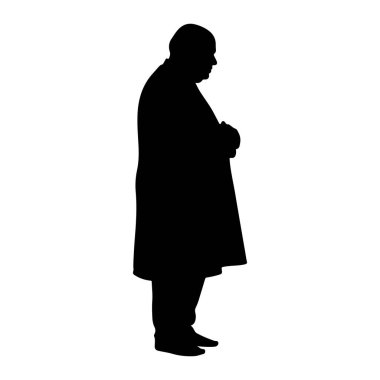 Profil üzerinde duran siyah bir siluet. O bir ceket giyiyor ve kollarını kavuşturuyor. Arkaplan beyaz.