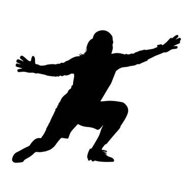 Siyah bir siluet dinamik bir poz, kolları açık ve bir bacağı ileri doğru uzanmış bir kişi. Rakam, muhtemelen bir spor yaparken, bir eylemin ortasında gibi görünüyor. Siluet beyaz bir arkaplanda izole edilmiş..