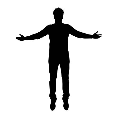 Bir adam gibi görünen siyah bir siluet, kollarını yana doğru açmış duruyor. Uzun kollu gömlek, pantolon ve ayakkabılar da dahil olmak üzere günlük kıyafetler giyiyor. Silüet, temiz beyaz bir arkaplanda izole edilmiş.