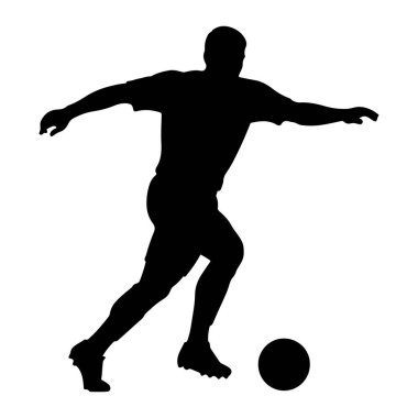 Bir futbol topunu tekmeleyen, hareket halindeki bir erkek futbolcunun siyah silueti. Oyuncu bir tişört ve şort giyiyor, ayaklarında kramponlar var. Siluet, dinamik duruşu ve p 'nin hareketini vurgulayan düz beyaz bir arkaplan üzerine kurulmuştur