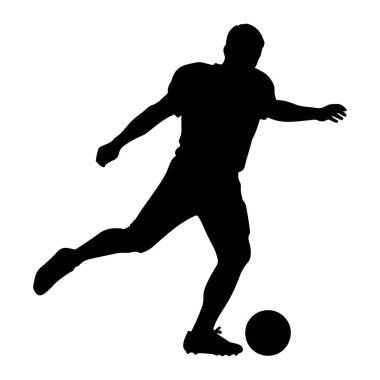 Siyah siluet bir erkek futbolcunun futbol topunu tekmelerken görüntüsü. Oyuncu atletik giysiler ve kramponlar giyiyor. Görüntü, dinamik duruşu ve sporun kendisini vurgulayan beyaz bir arkaplanda izole edilmiştir..