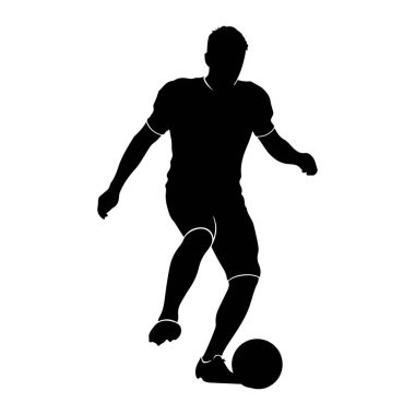 Bir futbol topunu tekmeleyen, hareket halindeki bir erkek futbolcunun siyah silueti. Şekil belden aşağısı tasvir edilir, bir bacağı topa vurmak için açılır. Oyuncu, üzerinde beyaz süsleme olan bir gömlek ve şorttan oluşan bir üniforma giyiyor.