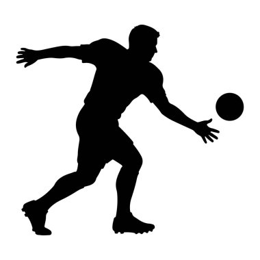 Hareket halindeki bir erkek futbolcunun silueti elleriyle bir futbol topuna uzanıyor. Oyuncu atletik şort ve tişört giyiyor ve ayaklarına krampon takıyor. Arkaplan bembeyaz, dinamik duruşu vurguluyor...