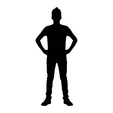 Beyaz bir arka planda elleri kalçasında duran siyah bir siluet. Bu figür, modern saç stiline sahip bir t-shirt ve kot giyiyor. Siluet keskin ve net bir şekilde tanımlanmış. Vücudun dış hatlarını ve kıyafetlerini gösteriyor..