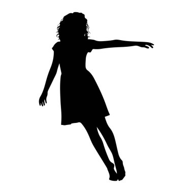 Dans ederken beyaz bir arkaplana poz veren siyah bir kadın silueti. Kıvırcık saçları var ve kısa kollu bir elbise giyiyor. Kolları yanlara doğru uzanıyor ve bacakları uzanıyor. Bu da akışkan hareket ve zarafeti işaret ediyor. Tam bir dolandırıcılık.