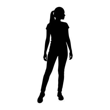 Beyaz arka planda duran siyah bir kadın silueti. Profilde sağa bakıyor, saçları at kuyruğu şeklinde geri çekiliyor. Tişört ve kot pantolon giyiyor ve ayakları hafifçe ayrık. Siluet temiz ve keskin.,