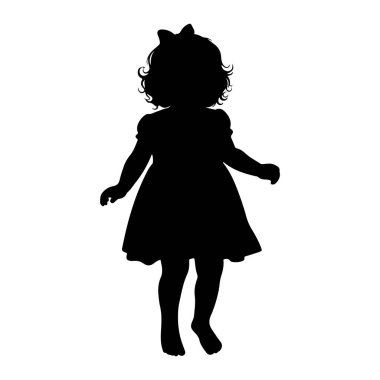 Kolları hafifçe açık duran genç bir kızın siyah silueti. Onun bir kurdele ile süslenmiş kıvırcık saçları var ve bir elbise giyiyor. Arkaplan düz beyaz.