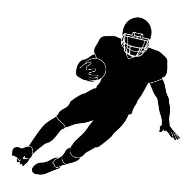Bir Amerikan futbolcusunun silueti hareket halinde, topa doğru koşuyor. Oyuncu, ayaklarında kramponlar olan bir kask ve üniforma giyiyor. Görüntü, dinamik duruşu ve atletik biçimi vurgulayan beyaz bir arkaplanda izole edilmiştir..