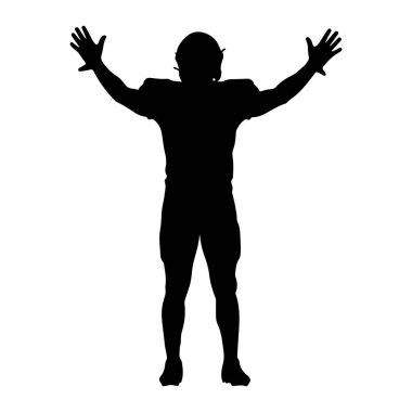 Siyah bir futbol oyuncusunun silueti kolları yukarıda durur. Oyuncu kask ve üniforma giyiyor. Arka plan bembeyaz..