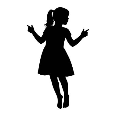 At kuyruklu siyah bir kız silueti kolları açık ve parmakları iki yönü işaret ediyor. O bir elbise giyiyor ve hareket ediyor gibi görünüyor. Siluet beyaz bir arkaplanda izole edilmiş..