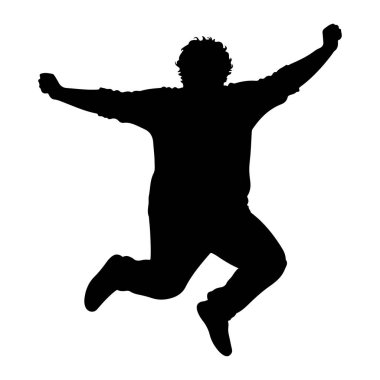 Siyah bir siluet havada yakalanan ve kollarını başının üstüne kaldırarak atlayan biri. Kıvırcık saçlı ve günlük kıyafetler giyiyor. Siluet, dinamik duruşu vurgulayarak, düz beyaz bir arkaplan üzerine kurulmuştur 