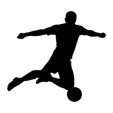 Bir futbol oyuncusunun siyah silueti, futbol topunu tekmeliyor. Oyuncu bir bacağı uzatılmış, topa vururken diğer bacağı bükülmüş olarak tasvir edilir. Siluet beyaz bir arkaplanda izole edilmiş, dinamik bir duruş sergiliyor.